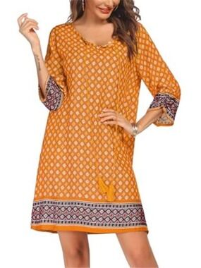 Women’s Yellow Boho Beach Dress Tassel Tie Neck 3/4 Sleeve Summer Tunic